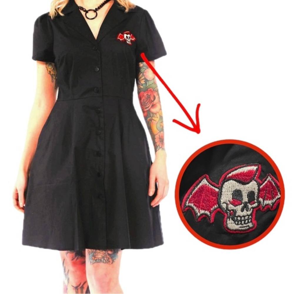SOURPUSS dress black winged skull patch collared snap closure small NWOT - Picture 10 of 11